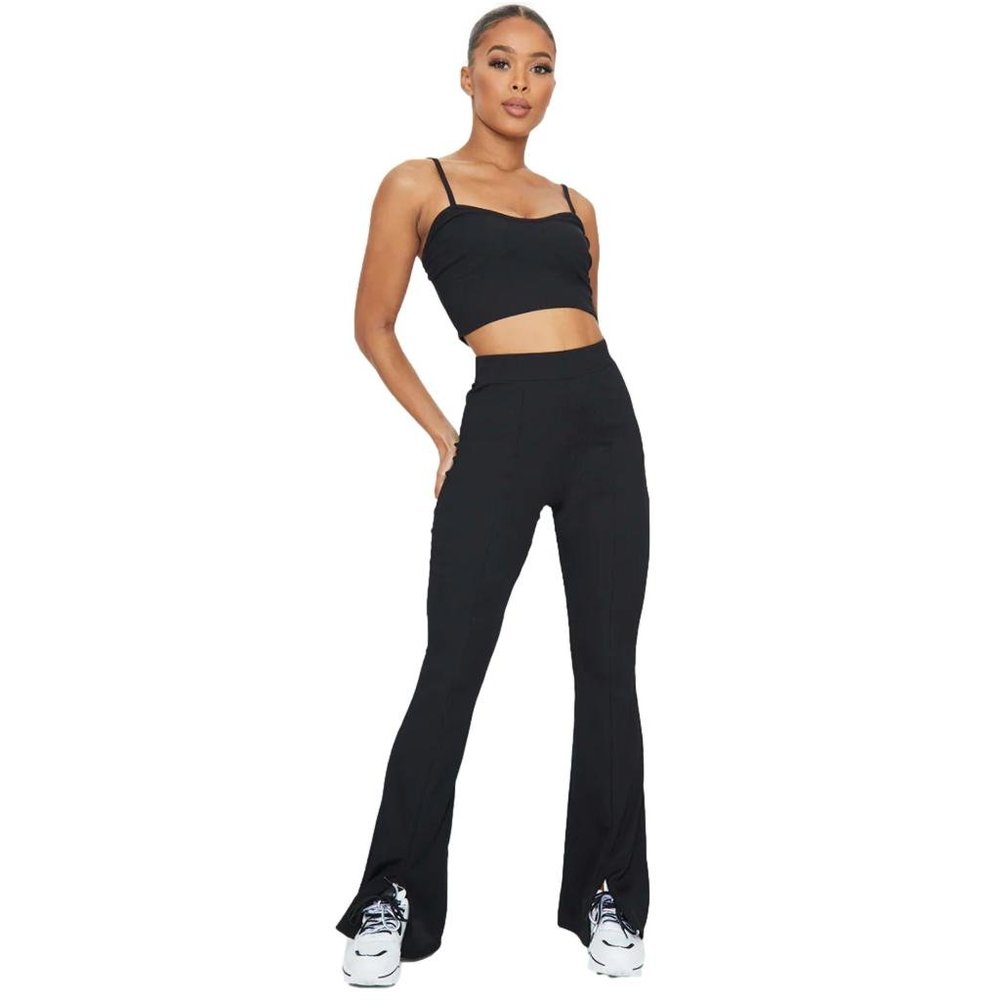 Pretty Little Thing BLACK RIB SPLIT HEM FLARED PANTS Size Large